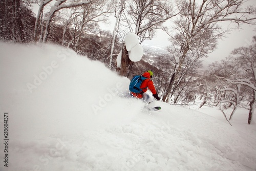 Quadro su tela Freeride skier carving down mountain slope making big powder snow splash in the