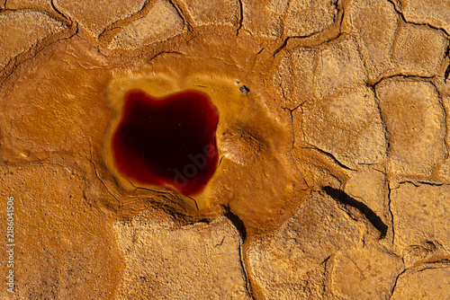 Mineral-Rich Cracked Soil with Orange Pools in Mazarrón Mines, Murcia, Spain