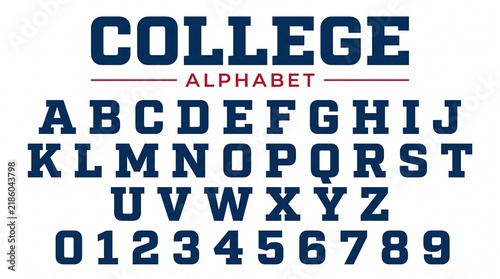 Bold blue slab serif alphabet and numbers in a classic collegiate varsity style for graphic design and apparel branding