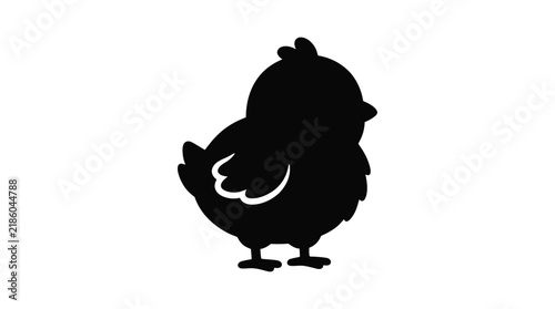 A black chick silhouette stands facing away on transparent background avian