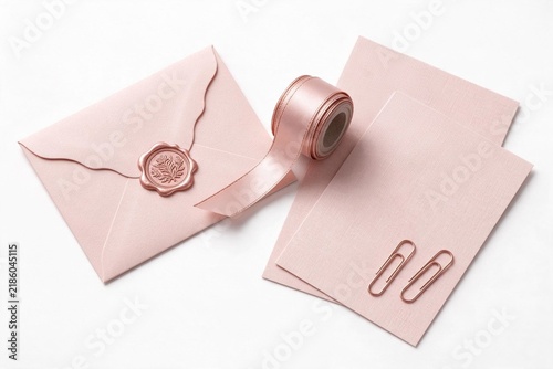 Rose gold branding kit envelope with wax seal and blank stationery paper on a white background surface with textured stationery cards beside spool satin cards metal clips