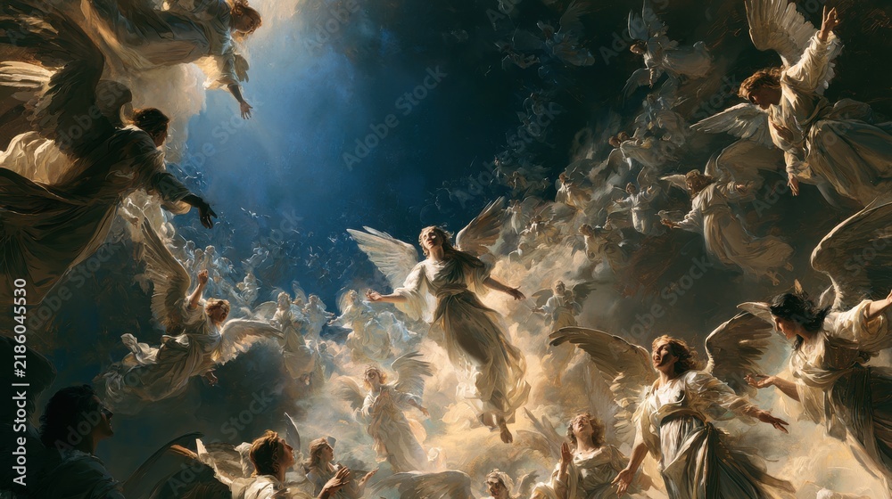 Fototapeta premium Oil painting of a grand choir of angels in the sky over Bethlehem, classical masterpiece style, rich gold and blue colors