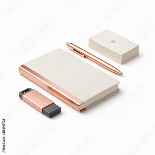 Stationery set with a white notebook a rose gold branding kit pen with collection professional office stationery includes fabric notebook metallic pen digital storage device clean white surface