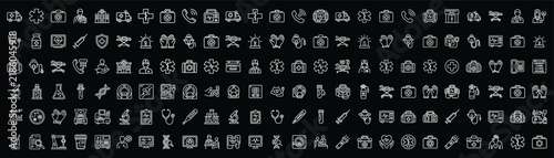 A collection of white medical icons on a black background