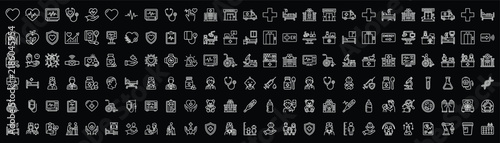 A collection of various white medical icons on black background