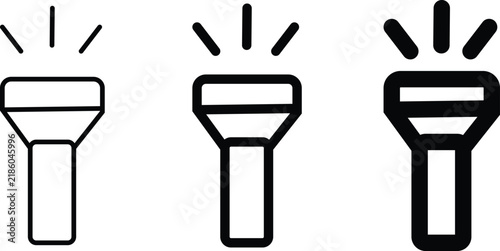 Torch icon set for flashlight light beam on isolated transparent background, minimalist vector outline symbol for lamp illuminate shine, clean mobile application user interface element