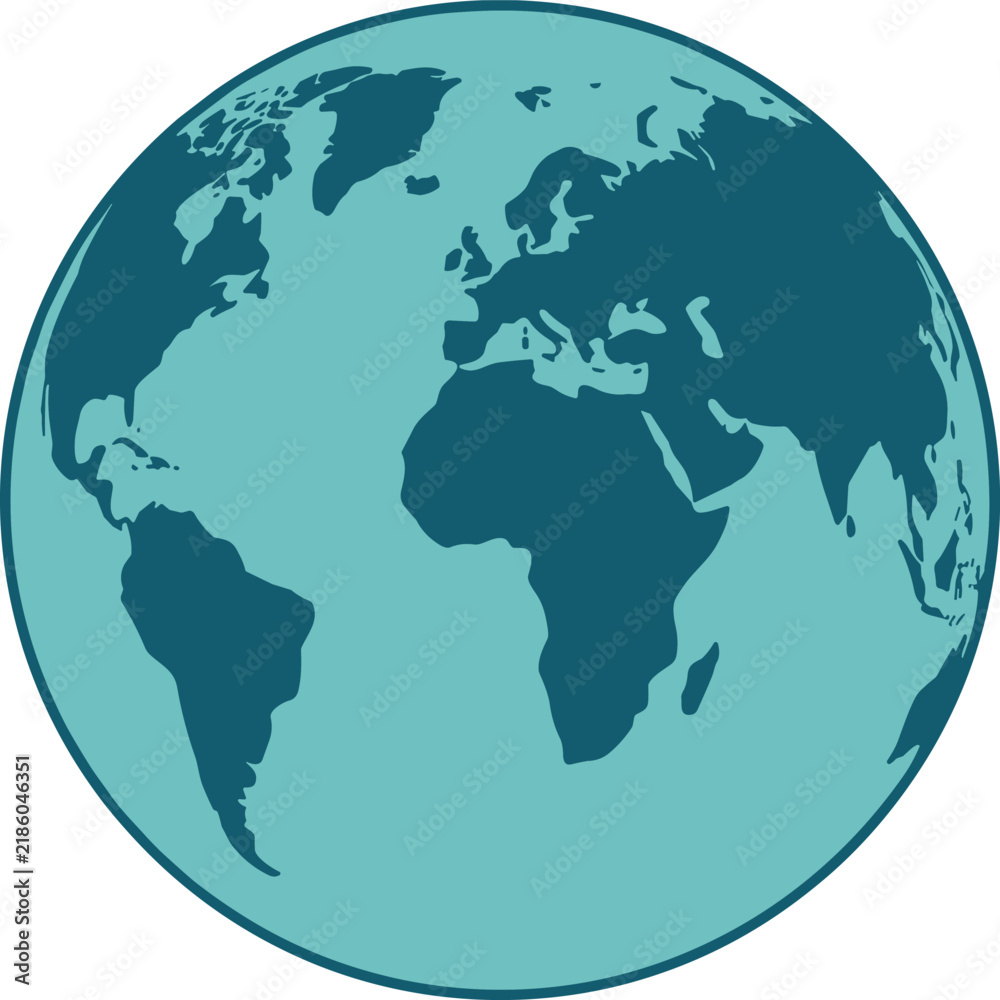 Obraz premium Planet earth globe map showing africa europe americas continents flat teal blue colors vector illustration