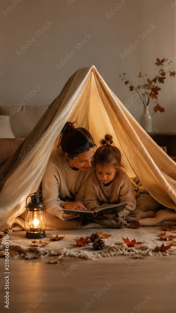Obraz premium Mother and daughter reading book in cozy blanket tent at home. Autumn family leisure with lantern and fallen leaves. Warm hygge childhood moment. Fall indoor activity for kid.