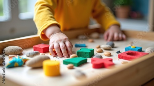 Manos de un niño sobre una bandeja de aprendizaje sensorial llena de formas coloridas y texturizadas