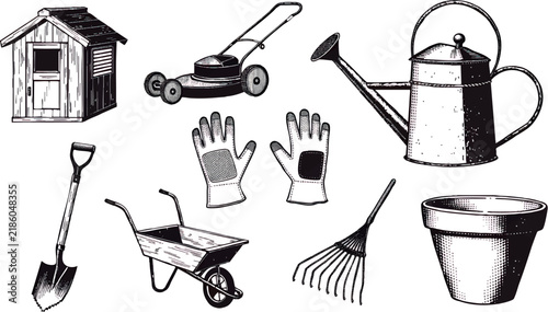 Vintage gardening vector set containing eight separate isolated objects: a small wooden garden shed, classic manual lawn mower, metal watering can, pair of gardening gloves, garden shovel, metal rake