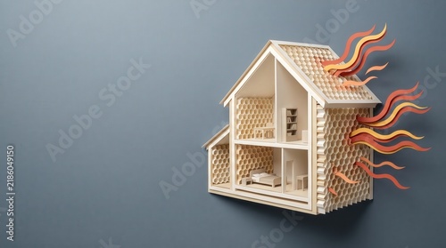 Conceptual Model of House With Flames Symbolizing Fire Safety and Risk Awareness in Housing