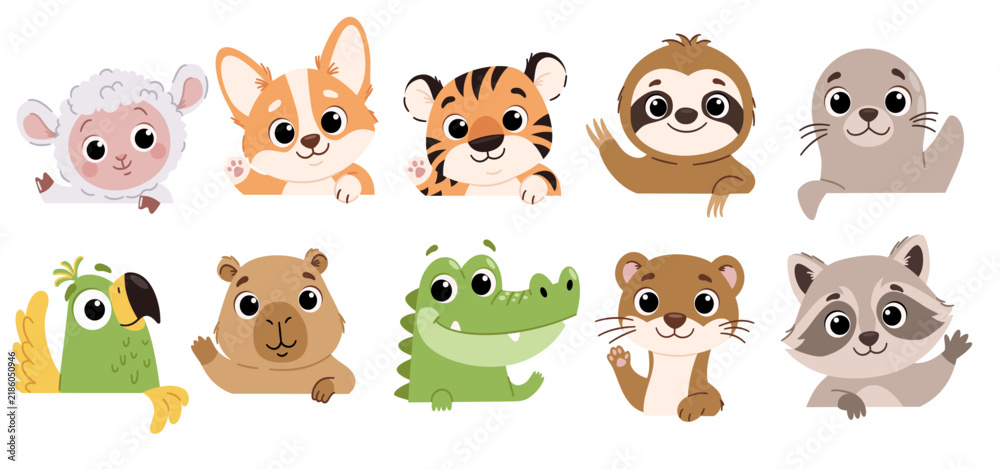 Fototapeta premium Cute animal character collection with friendly animals peeking out and waving paws. Lamb, fox, tiger, sloth, seal, parrot, capybara, crocodile, otter and raccoon in a playful cartoon style. Vector