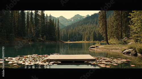 A wooden dock on a tranquil mountain lake surrounded by dense evergreen forests, with lily pads floating nearby and snowy peaks in the distance