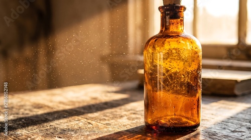 Vintage amber glass bottle filled with mysterious liquid standing on an old wooden table in warm sunlight