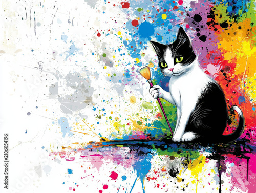 Black and white cat with green eyes holds a paintbrush, surrounded by vibrant multicolored paint splatters on a white background