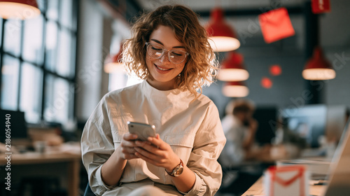 Woman, scroll and smile in office with phone, email notification or good news for digital marketing. Space, person and reading in agency with tech, positive feedback and happy for online advertising