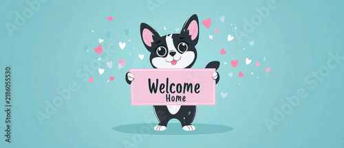 Cartoon black and white dog holding a pink Welcome Home sign, surrounded by floating hearts on a light blue background