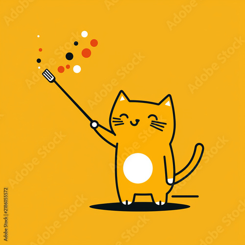 Cartoon orange cat happily holds a long fork, conjuring colorful floating dots on a bright yellow background
