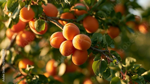 Ripe Apricot Fruits Hanging on Tree Branch in Sunny Orchard
