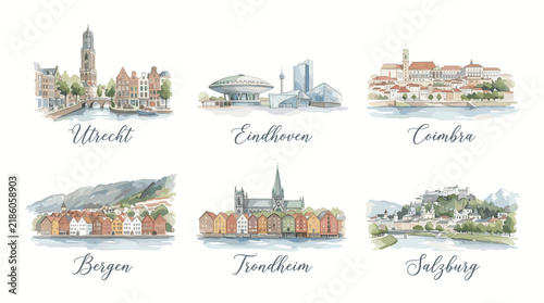 European City Travel Watercolor Collection with Newcastle Eindhoven Geneva Bergen Trondheim and Salzburg Scenic Landmarks