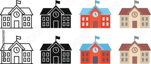 High school building iconicon vector collection in outlined and solid style