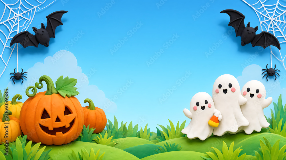 Fototapeta premium Cute paper craft ghosts and pumpkin for halloween party