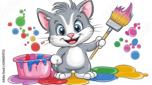 Cute cartoon cat artist smiles, holding a colorful paintbrush amidst spilled paints, a pink bucket, and floating paint splatters on a white background