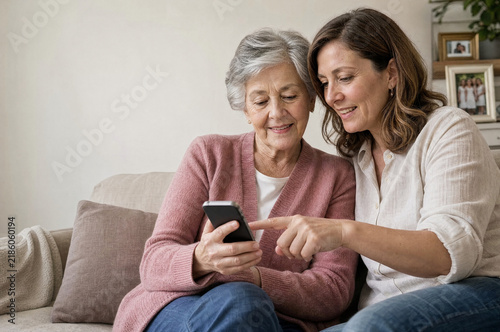 Senior Woman Learning Mobile Banking with Her Adult Daughter