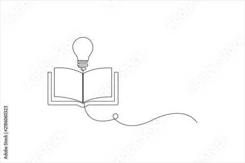 Continuous one line art open book with light bulb idea concept, education, creativity and knowledge symbol, vector illustration