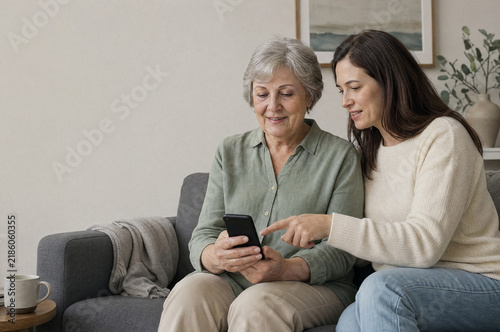 Senior Woman Learning Mobile Banking with Her Adult Daughter