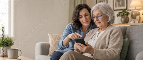 Senior Woman Learning Mobile Banking with Her Adult Daughter