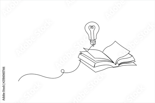 Continuous one line art open book with light bulb idea concept, education, creativity and knowledge symbol, vector illustration