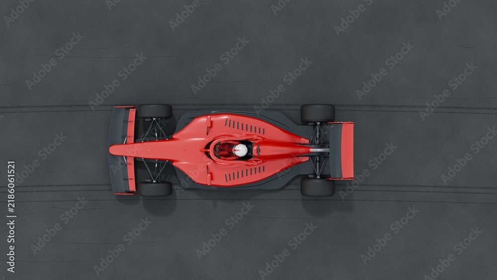 Obraz premium Red racing car and driver with helmet on race track, overhead. Fast auto, speed and power