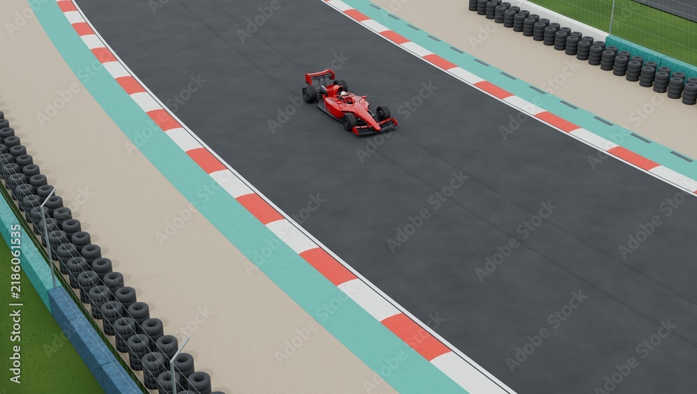 Obraz premium Red racing car on asphalt racetrack with tire barriers view from above