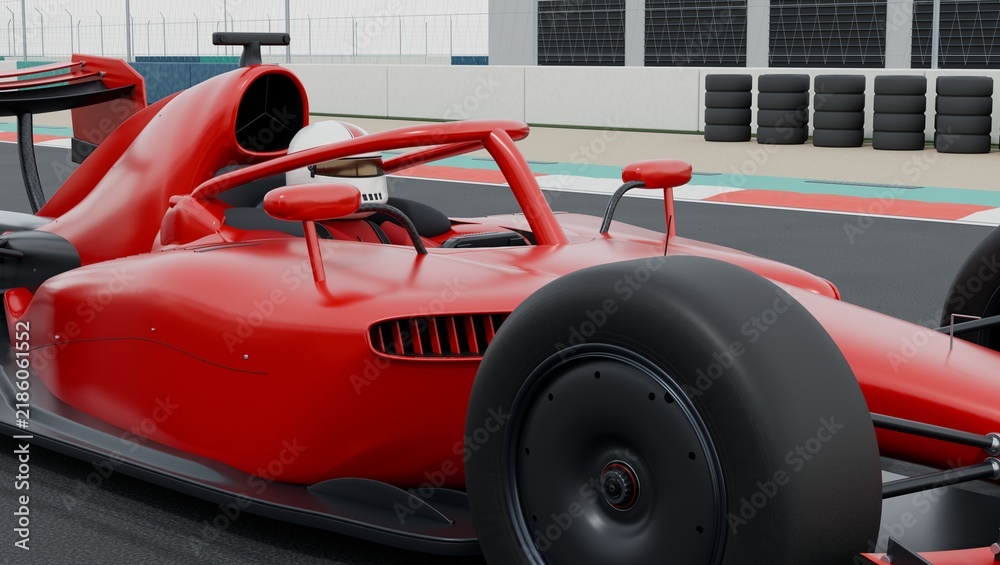 Obraz premium Red racing car with driver and aerodynamic wings on race track, closeup view