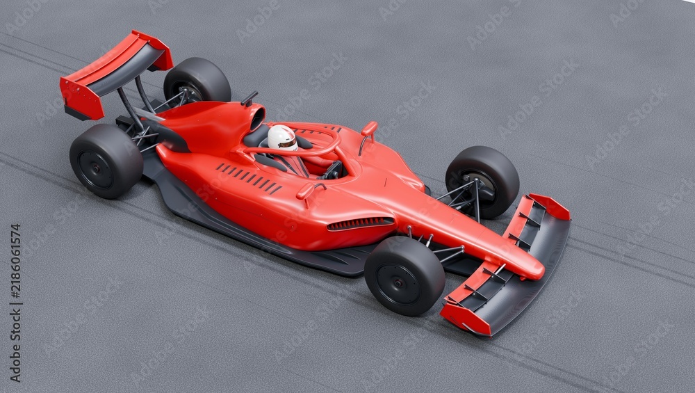 Obraz premium Red racing car with helmeted driver on race track, view from above