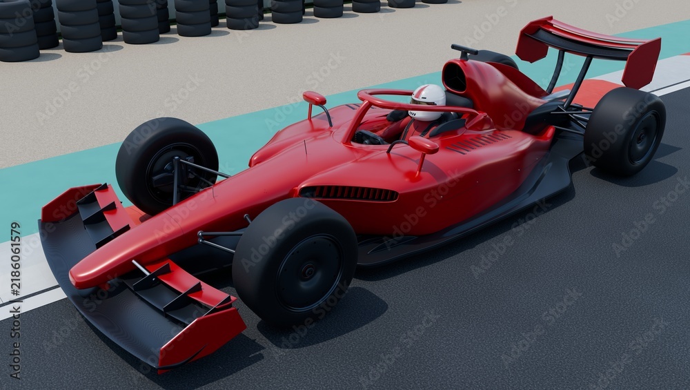 Obraz premium Red racing car with driver and aerodynamic wings on race track