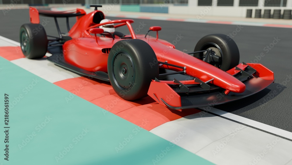 Obraz premium Red open wheel racing car with driver beside runoff at the circuit