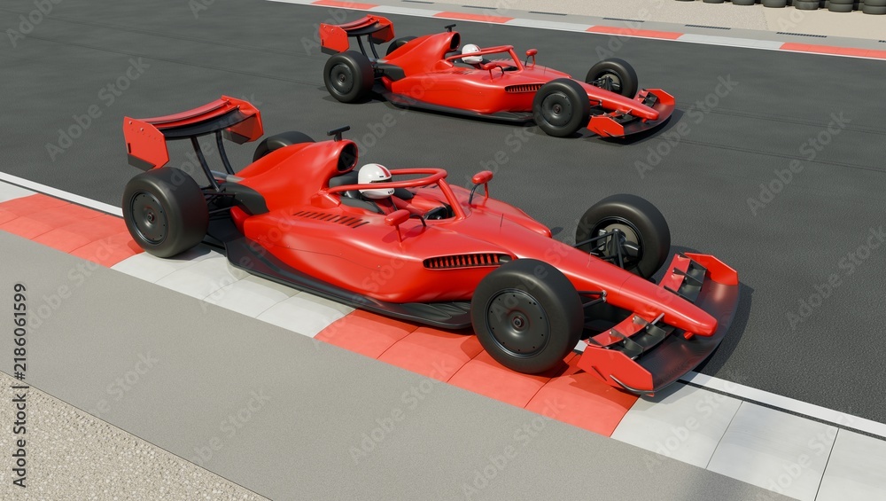 Fototapeta premium Two red racing cars with helmeted drivers beside striped racetrack curbing