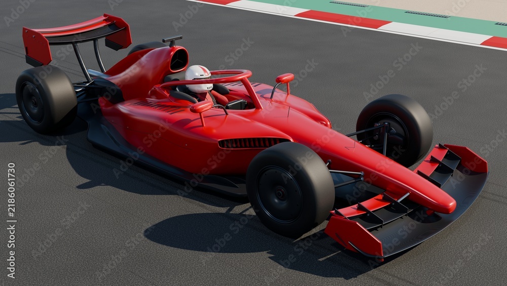 Obraz premium Red racing car with driver on asphalt circuit from elevated view