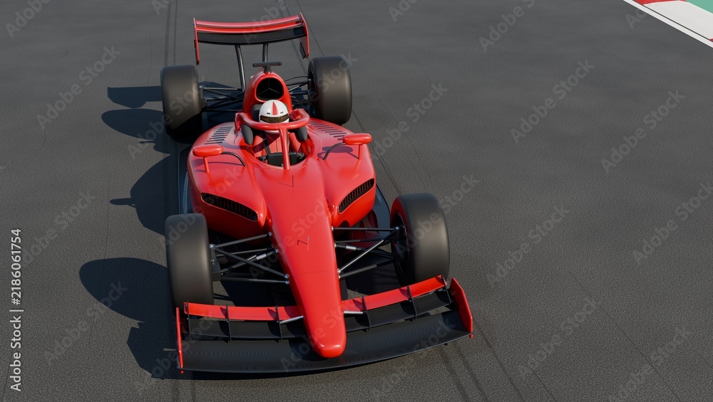 Obraz premium Red racing car and driver with helmet on race track, front view from above