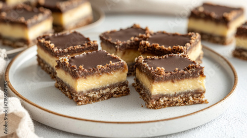 Delicious layered dessert bars with crumbly base, creamy yellow filling, and smooth dark chocolate topping on a speckled plate