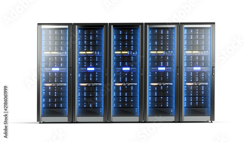 Naklejka Black computer server rack towers isolated on transparent background - Cloud Computing, Artificial Intelligence, Database Concept - 3d illustration