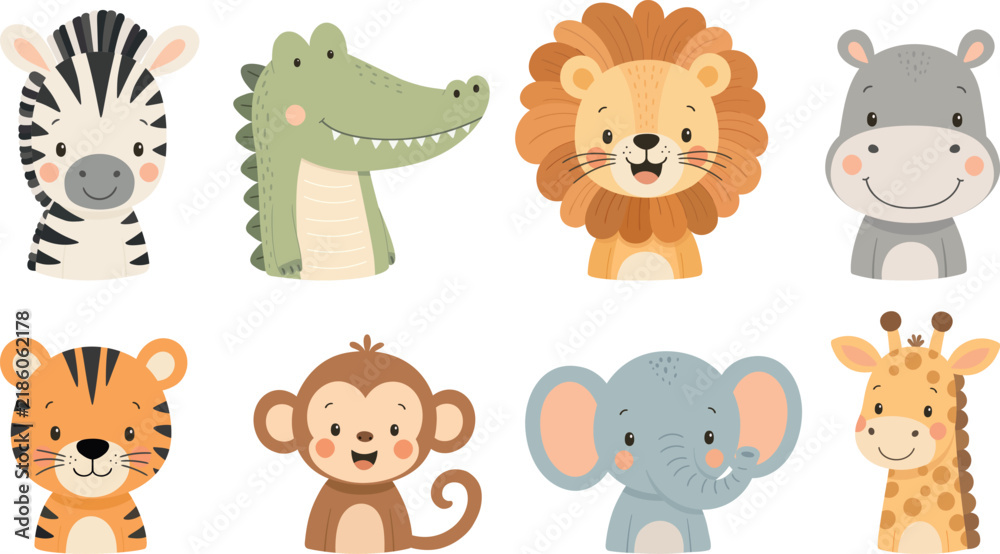Fototapeta premium Cute safari animal face clipart set with zebra, crocodile, lion, hippo, tiger, monkey, elephant, and giraffe isolated on white background