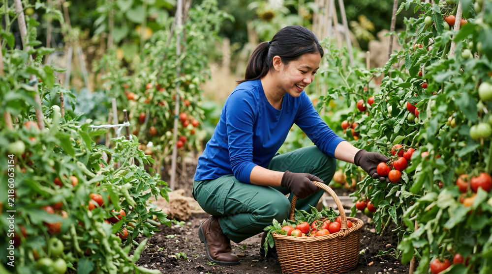 Fototapeta premium Young woman harvesting fresh red tomatoes in vegetable garden. Asian teenager kneeling with wicker basket picking ripe produce on organic farm