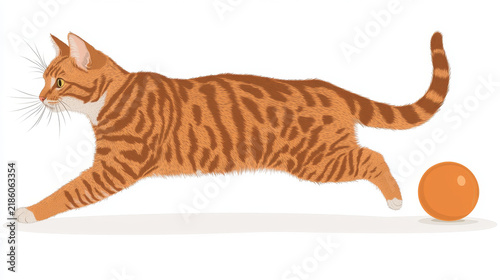 Detailed illustration of an orange tabby cat mid-leap, chasing a bright orange ball against a simple white backdrop