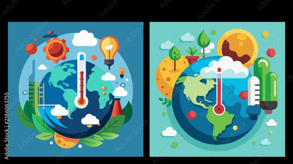 Fototapeta premium Global Warming Climate Change Concept Earth Thermometer Flat Vector Set 