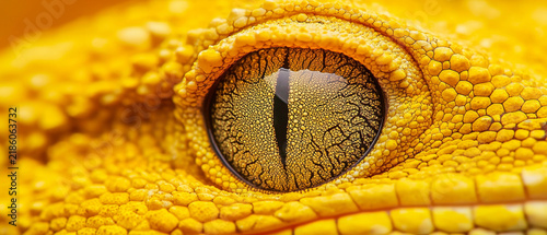 Detailed macro of a brilliant yellow eye with a slit pupil and intricate, textured gold iris, surrounded by bumpy scales