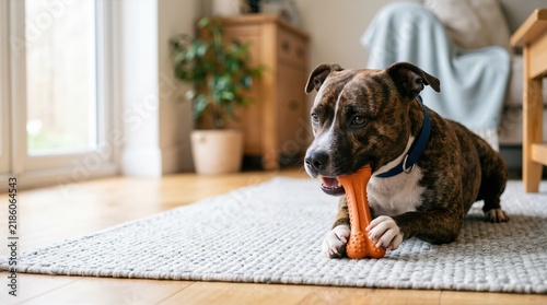 Staffordshire Bull Terrier gnawing on an orange rubber chew bone. Brindle dog lying on a rug playing with a toy indoors