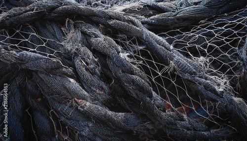 torn black fishing net with frayed threads and loose strands showcasing damaged mesh structure and material fibers broken texture fabric rope close up detail abstract industry
